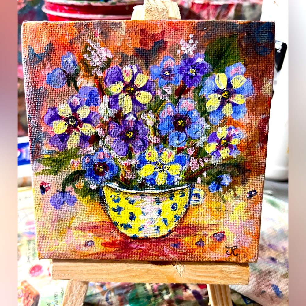 Original acrylic mini painting of flowers in teacup 4x4”